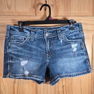 Silver Jeans Berkley Distressed Denim  Shorts Dark Wash Mid Rise Cutoff Size 29